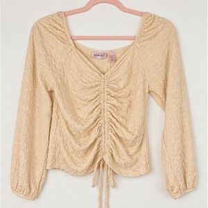 Willow + Root Cream Popcorn Textured Cinched Front Long Sleeve Top XS